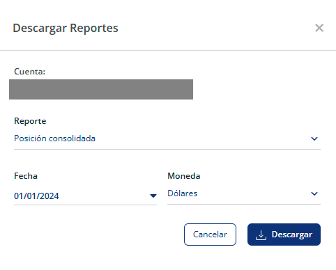 Balanz — modal Descargar Reportes con Reporte: Posición consolidada, moneda Dólares